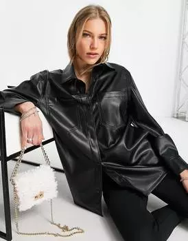 Черная рубашка из искусственной кожи с передними карманами Topshop