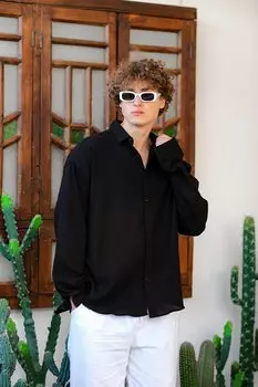 Черная рубашка из мятой ткани 3YXE2-46973-02 XHAN