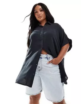 Черная рубашка из шамбре с короткими рукавами Yours