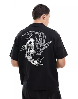 Черная рубашка оверсайз из джерси с принтом карпа на спине Jack & Jones
