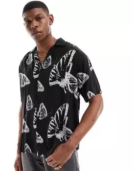 Черная рубашка оверсайз Jack & Jones – с воротником с лацканами и узором бабочки