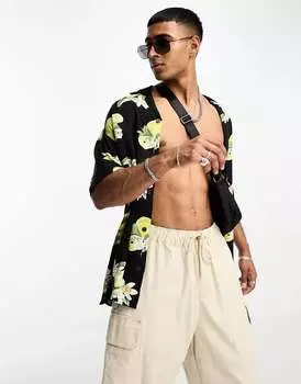 Черная рубашка оверсайз с воротником с лацканами и цветочным принтом Jack & Jones Originals