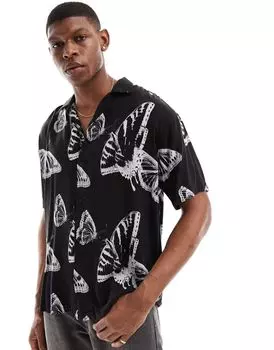 Черная рубашка оверсайз с воротником с лацканами и принтом бабочки Jack & Jones