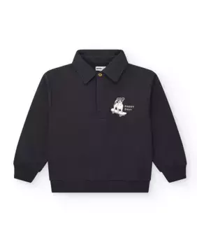 Черная рубашка-поло для мальчика с длинными рукавами и рисунком на груди Tuc tuc