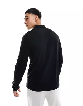 Черная рубашка-поло из элегантного пике с длинными рукавами ASOS