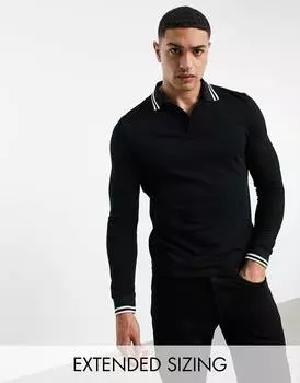 Черная рубашка поло из пике с длинными рукавами ASOS DESIGN - BLACK