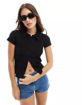 Черная рубашка-поло на пуговицах ASOS DESIGN – Очень мягкая в рубчик