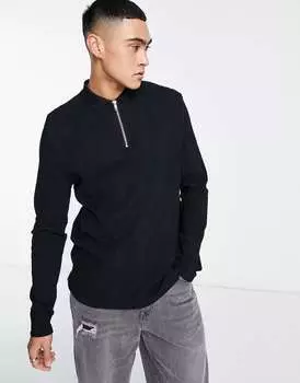 Черная рубашка-поло с длинными рукавами и молнией ASOS Design