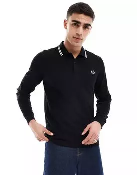 Черная рубашка-поло с длинными рукавами и двойной отделкой Fred Perry