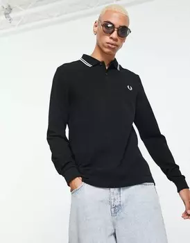 Черная рубашка-поло с длинными рукавами и двойными окантовками Fred Perry