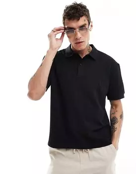 Черная рубашка-поло свободного кроя с широкими ребрами ASOS DESIGN