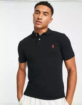 Черная рубашка-поло узкого кроя из пике с красным логотипом Polo Ralph Lauren