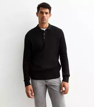 Черная рубашка поло в рубчик с длинными рукавами Jack & Jones Jack & Jones, черный