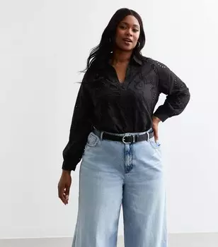 Черная рубашка с длинным рукавом Curves Broderie New Look, черный