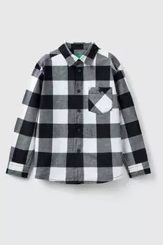 Черная рубашка с длинными рукавами и клетчатым узором Benetton, черный