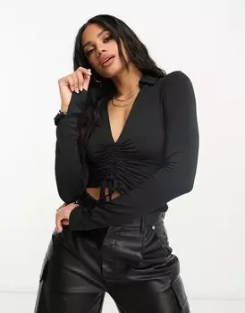 Черная рубашка с длинными рукавами и рюшами ASOS