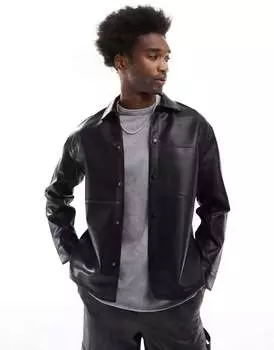 Черная рубашка с длинными рукавами из искусственной кожи Bershka