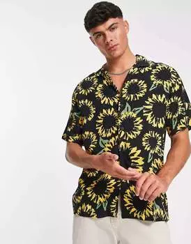 Черная рубашка с принтом подсолнухов Pull&Bear