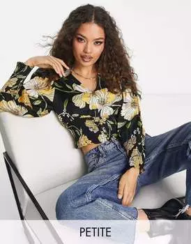 Черная рубашка с присборенными краями River Island с цветочным принтом