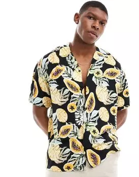 Черная рубашка с воротником и лацканами с фруктовым принтом Jack & Jones