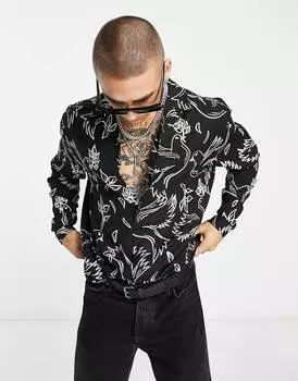 Черная рубашка свободного кроя с принтом птиц ASOS DESIGN