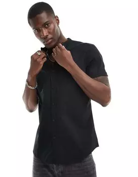 Черная рубашка узкого кроя с воротником-стойкой и закатанными рукавами ASOS DESIGN