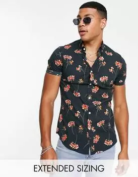 Черная рубашка узкого кроя стрейч с цветочным принтом ASOS DESIGN