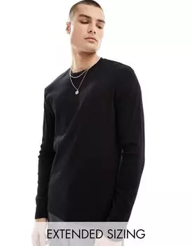 Черная рубашка в рубчик с круглым вырезом с длинными рукавами ASOS