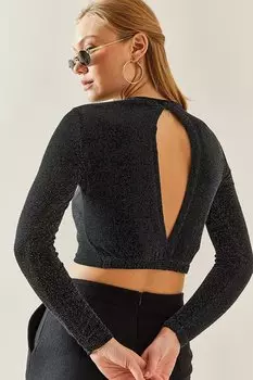 Черная серебристая блузка с воротником и открытой спиной 4KXK2-47741-02 XHAN