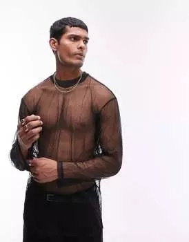 Черная сетчатая футболка оверсайз с длинными рукавами Topman