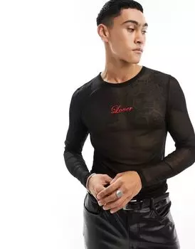 Черная сетчатая футболка с длинными рукавами и принтом ASOS