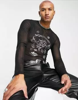 Черная сетчатая футболка с длинными рукавами и графичной вышивкой ASOS DESIGN