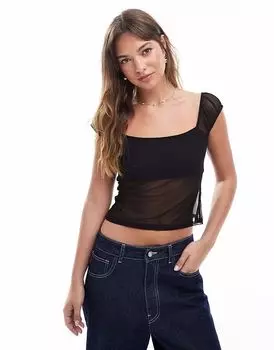 Черная сетчатая майка Miss Selfridge с квадратным вырезом и подкладкой