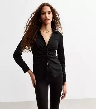 Черная сетчатая рубашка с v-образным вырезом и рюшами New Look, черный