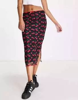 Черная сетчатая юбка миди с вишневым принтом Vintage Supply