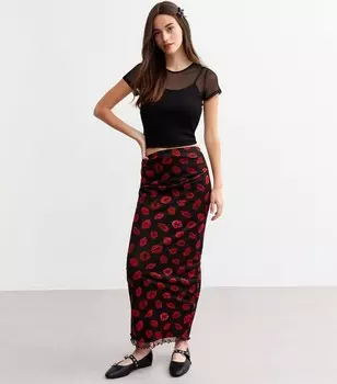 Черная сетчатая юбка-миди со сборками и принтом помады New Look, черный