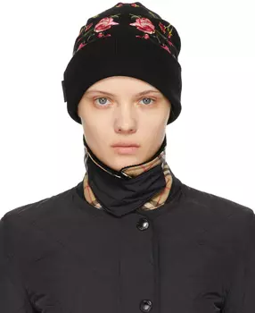 Черная шапка-бини из шерсти мериноса с вышитой розой Burberry