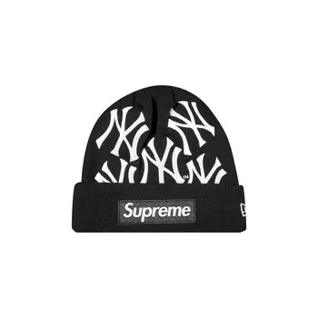 Черная шапка-бини с логотипом Supreme x New York Yankees x New Era