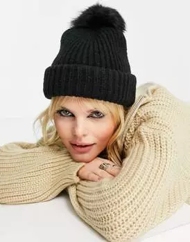 Черная шапка-бини с помпонами Topshop