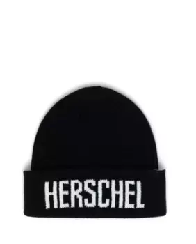 Черная шапка-бини унисекс в рубчик с белым логотипом Herschel