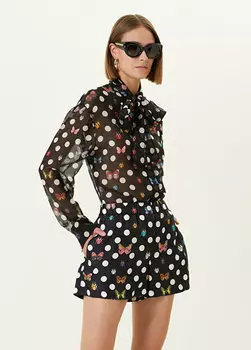 Черная шелковая рубашка в горошек со шнуровочным воротником Versace