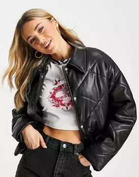 Черная стеганая куртка из искусственной кожи ASOS DESIGN