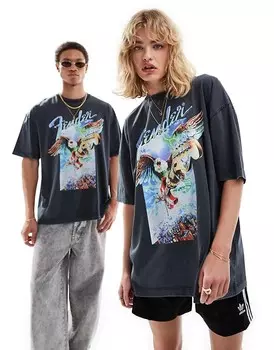 Черная стираная футболка унисекс унисекс ASOS DESIGN – с лицензионными принтами гитары Fender