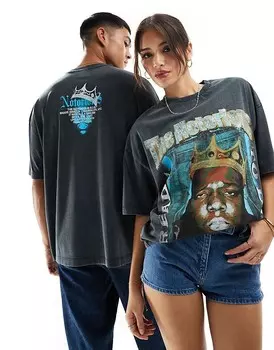 Черная стираная футболка унисекс унисекс с лицензионными принтами Biggie Smalls ASOS DESIGN