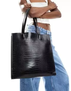 Черная сумка-тоут с отделением для ноутбука из кожи крокодила ASOS DESIGN