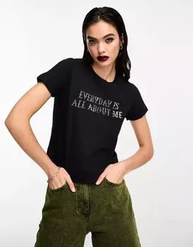 Черная супероблегающая футболка ASOS с текстовым графическим принтом на заклепках Wednesday Addams