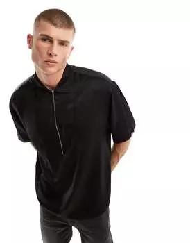 Черная свободная атласная рубашка свободного кроя с половиной молнии на молнии ASOS
