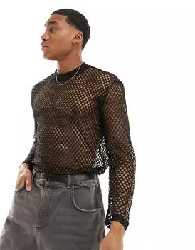 Черная свободная футболка с длинными рукавами и открытой сеткой ASOS DESIGN
