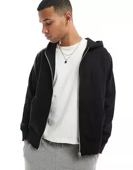 Черная свободная толстовка с капюшоном на молнии Jack & Jones из плотной ткани