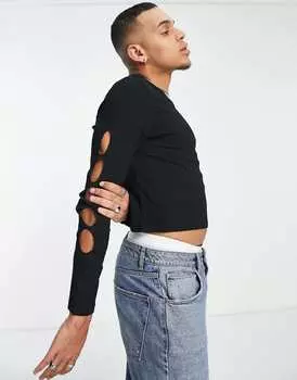 Черная текстурная футболка с длинными рукавами и вырезами на рукавах ASOS DESIGN